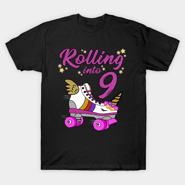 Rolling into 9th Birthday Unicorn Roller Skate Party T-Shirt by Blink_Imprints10